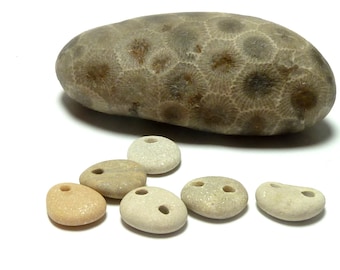 SIX MIX Stone Buttons and Charms Genuine Drilled Beach Pebble Set Organic Sewing Notions Functional Link Stones Dangle Blondes