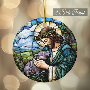 Jesus Moo Deng Christmas Ornament Gift, Jesus Loves Moo Deng, Baby Hippo Acrylic Ceramic Round Hanging, Moo Deng Lover, Cute Moo Deng Memes