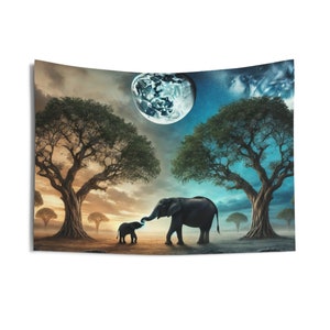 May include: A digital art print featuring two elephants, one large and one small, standing in a field with trees and a large blue moon in the background. The elephants are facing each other and the large elephant has its trunk raised as if it is greeting the smaller elephant.
