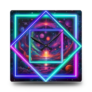 May include: A square clock with a colorful, abstract design featuring a galaxy, planets, and a sunrise. The clock face is surrounded by neon pink, blue, and green squares and a diamond shape.