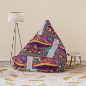 May include: A large, colorful bean bag chair with a psychedelic mushroom pattern. The chair is filled with colorful, abstract mushrooms in shades of pink, purple, yellow, and green.