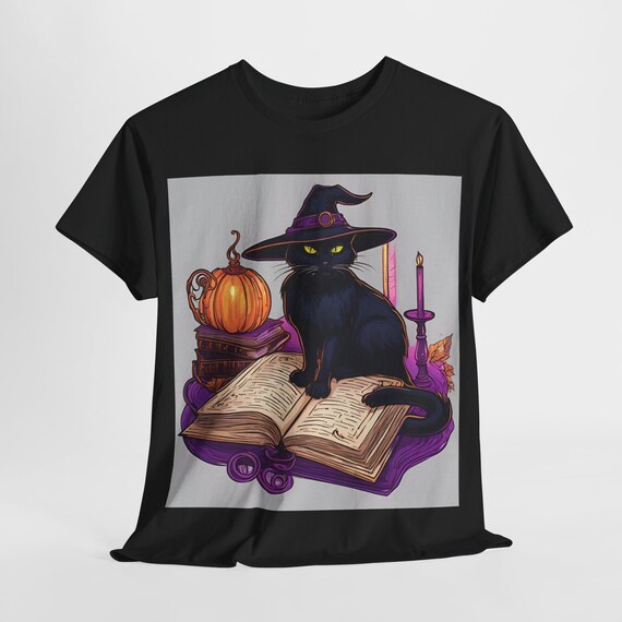Schwarze Katze Hexenhut Halloween Unisex Schwere Baumwolle T-Shirt