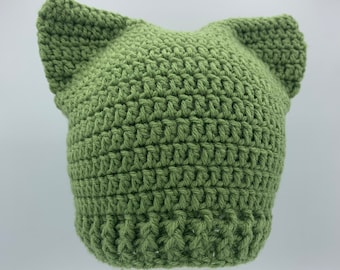 Green Cat Hat, Adult Ready to Ship Kitty PussyHat, Animal Ears Beanie, Crocheted Gift for Teens Adults Men Women