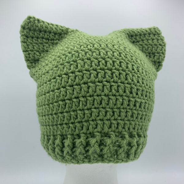 Green Cat Hat, Adult Ready to Ship Kitty PussyHat, Animal Ears Beanie, Crocheted Gift for Teens Adults Men Women