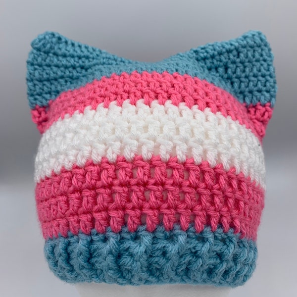 Trans Pride Cat Hat, Ready to Ship Kitty PussyHat, Animal Ears Beanie, Crocheted Gift for Teens Adults Men Women