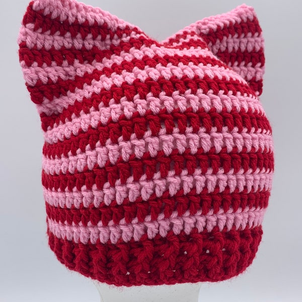 Valentine Cat Hat, Pink Red, Adult Ready to Ship Kitty PussyHat, Animal Ears Beanie, Crocheted Gift for Teens Adults Men Women