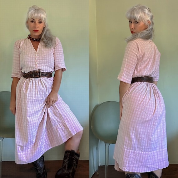 Vintage Prairie White Pink Check Cotton Victorian… - image 1