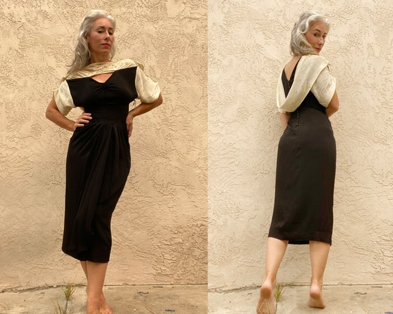 1930s Evening Dress Glamour Vintage Black Crepe Ra