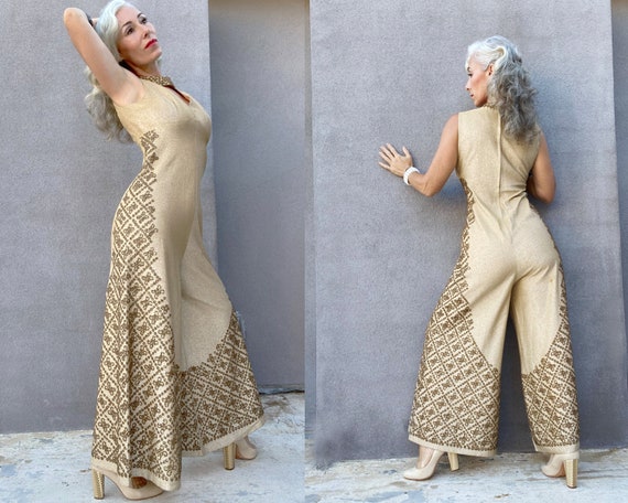 Vintage 1940s Gold Metallic Sequin Jumpsuit Palazz