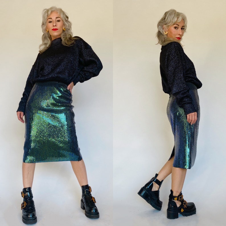 Vintage sequins Pencil Skirt mermaid effect shimmery skirt green blue effects skirt knee length size 25-26 women\u2019s size