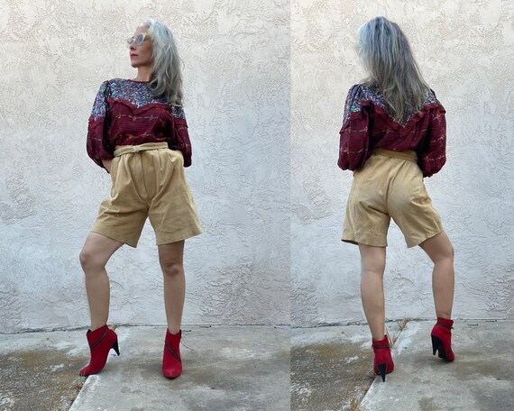 Vintage 70s 80s Camel Brown Suede Leather High Wai