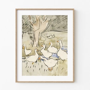Antique Abstract Duck Watercolor Printable Digital Download | Vintage White Ducks Nursery Wall Art Goose Painting Sketch Vertical Print