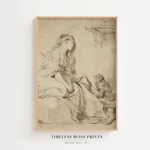 Vintage Woman Dog Sketch Print Neutral Wall Art Print | Antique Neutral Muted Woman and Dog Wall Art Beige Brown Sepia Digital Download