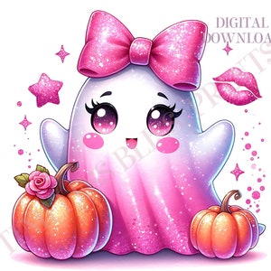 Coquette fantôme PNG Fantôme rose mignon PNG rose Clipart Halloween rose Clipart noeud papillon fantôme scintillant Coquette girly mignonne automne automne POD usage commercial