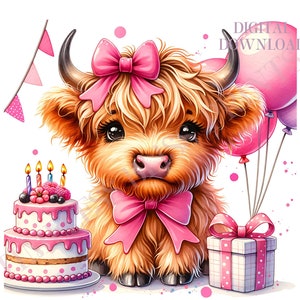 Süß Highland Kuh Geburtstag Clipart | Kokette rosa Schleife Highland Kuh PNG Quadrat Geburtstagskarte Ballonmädchen Digitaler Download Kommerzielle Nutzung
