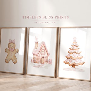 Lot de 3 impressions de pain d'épice rose en téléchargement numérique Lot de 3 décorations murales de Noël rose, maison en pain d'épice imprimable, jolie fille homme, arbre de Noël
