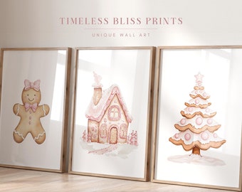 Set Pink Gingerbread Prints Digital Download Set of 3 Pink Christmas Wall Art Printable Gingerbread House Cute Girl Man Christmas Tree