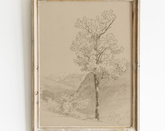 téléchargement numérique d'art de croquis d'arbre simple vintage | Arbre forêt sépia antique dessin Art imprimable impression paysage de campagne art mural sépia