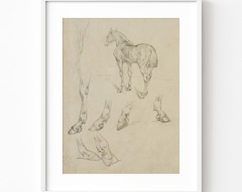 Antique Horse Sketch Print Digital Download Vintage Horse Drawing Neutral Beige Wall Art Printable Sepia Brown Equestrian Classic Wall Decor
