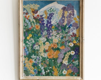 Impression de fleurs abstraites antiques en téléchargement numérique | Peinture de fleurs vintage, art mural coloré, vibrant, art imprimable, décoration murale abstraite
