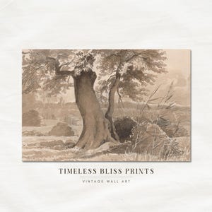 Dibujo a tinta de árbol antiguo en tonos neutros y terrosos, descarga digital / Boceto de bosque sepia vintage, impresión en acuarela, bosque marrón, paisaje, arte imprimible