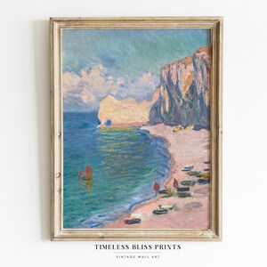 Antique Summer Beach Painting Digital Download | Vibrant Blue Sea Printable Wall Art Impressionist Coastal Print Coast Boats Cliffs Nautical