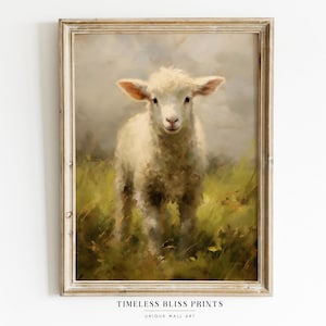Lamb Spring Meadow Printable Painting | Sheep Flower Field Vintage ...