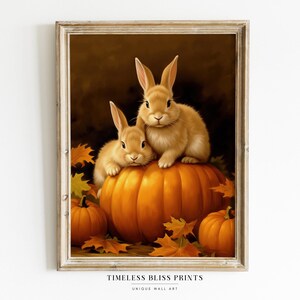 Fall Bunnies Print Halloween Cute Rabbit Wall Art | Cute Bunnies Pumpkin Print Wall Decor Fall Autumn Digital Download Printable Art