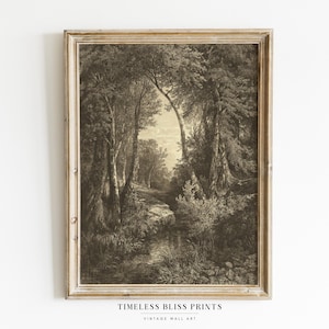 Antique Moody Forest Landscape Printable Art | Neutral Woodland River Print Digital Download Brown Dark Wall Art Vintage Woods Trees Etching