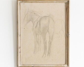 Antique Simple Horse Sketch Print Digital Download Vintage Horse Drawing Neutral Beige Wall Art Printable Sepia Brown Equestrian Wall Decor