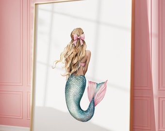 Sztuka ścienna Coquette Mermaid do pobrania w wersji cyfrowej | Różowy kokardkowy nadruk syreny Słodka dziewczęca różowa sztuka do wydrukowania w stylu akwareli Dekoracja ścienna