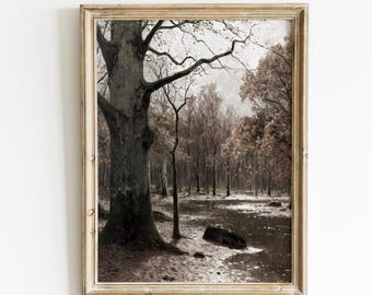 Vintage Forest Painting Print Printable | Vintage Fall Trees Landscape Painting Print Moody Dark Wall Art Vintage Autumn Woods Woodland Art