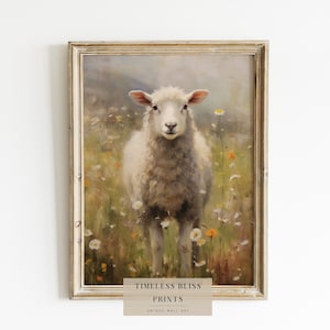 Lamb Flower Meadow Printable Painting | Sheep Flower Field Vintage ...