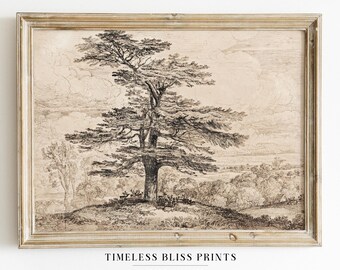 Dessin d'arbre antique en téléchargement numérique | Impression bois beige, paysage forestier de mauvaise humeur, art mural marron, croquis d'arbres vintage, art boisé imprimable