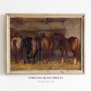 May include: A vintage oil painting of five brown horses in a stable. The horses are standing in a row, facing away from the viewer. The painting is framed in a light wood frame.