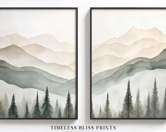 Minimalist Mountain Landscape Print Digital Download | Double Watercolor Pine Trees Mountain Printable Two Frames Neutral Wall Art Decor