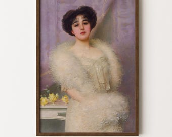 Vintage elegant kvinnaporträtt utskrivbar konst fjäderboa vintage kvinnamålning digital nedladdning viktoriansk modetryck väggkonst 1900-tal