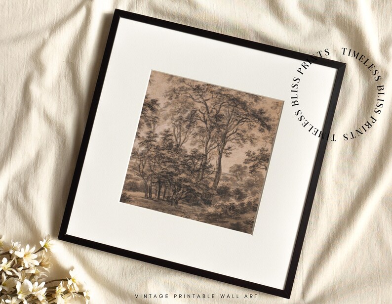 Vintage Moody Forest Landscape Vintage Printable Art Antique Moody Landscape Print Brown Landscape Charcoal Trees Dark Brown Wall Art Sketch image 5
