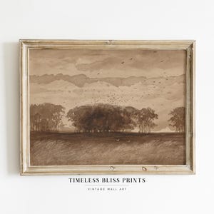 Paisaje de pájaros de bosque antiguo y melancólico para imprimir / Dibujo de tinta de paisaje marrón, pintura terrosa, arte de pared marrón oscuro, decoración de maderas vintage