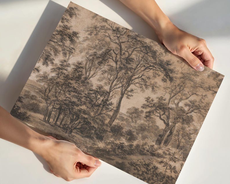Vintage Moody Forest Landscape Vintage Printable Art Antique Moody Landscape Print Brown Landscape Charcoal Trees Dark Brown Wall Art Sketch image 7