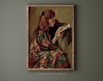 Donna d'epoca che legge un libro, dipinto d'arte stampabile / Ragazza amante dei libri antichi, dipinto, biblioteca, decorazione da parete, download digitale, stampa artistica