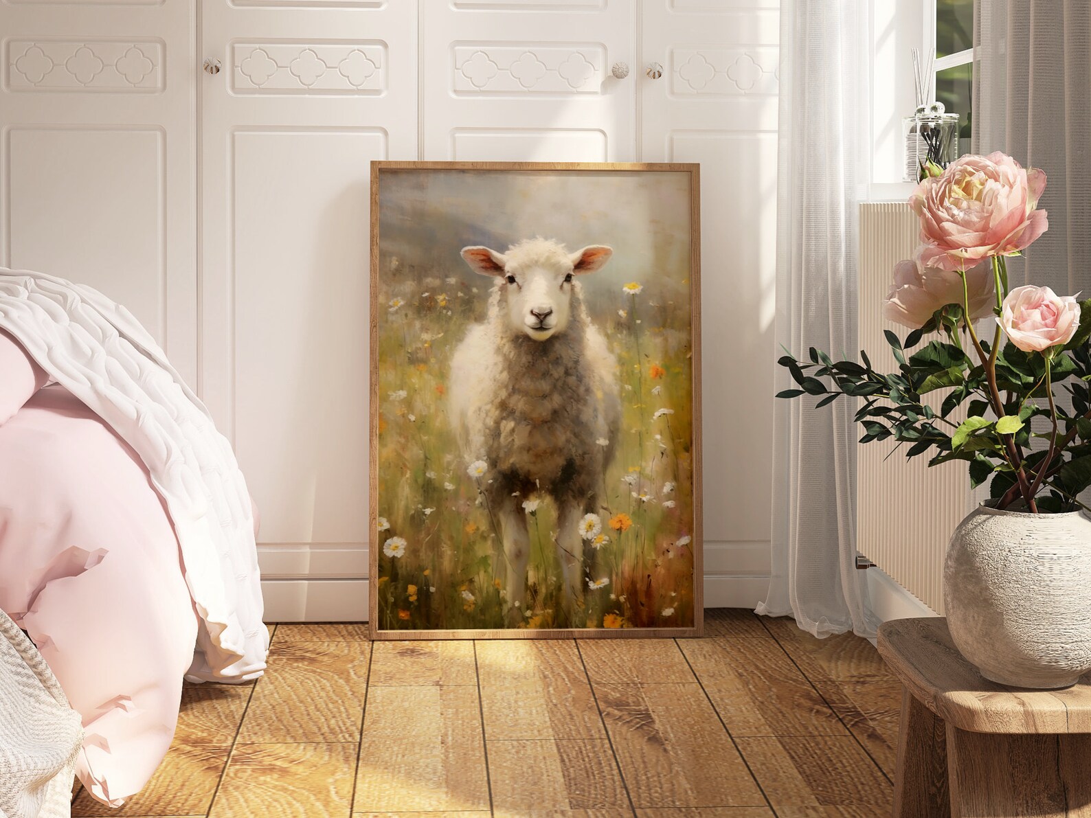 Lamb Flower Meadow Printable Painting | Sheep Flower Field Vintage ...