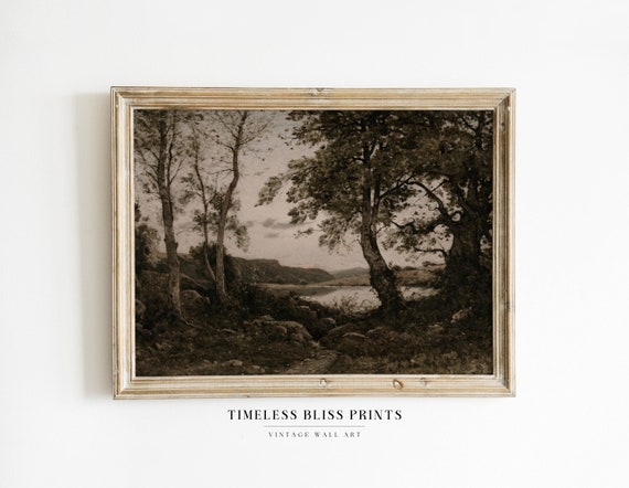 Antique Moody Print Landscape Wall Art Digital Download | Dark Moody Lake Landscape Forest Painting Vintage Moodie Wallart Printable Art