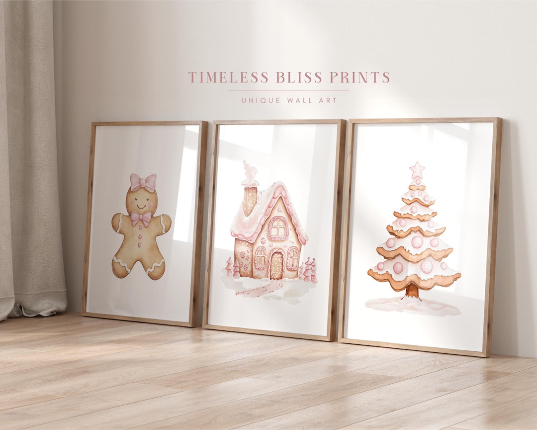 Set Pink Gingerbread Prints Digital Download Set of 3 Pink Christmas ...