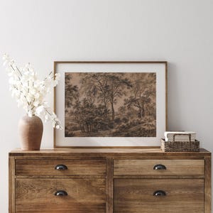 Vintage Moody Forest Landscape Vintage Printable Art Antique Moody Landscape Print Brown Landscape Charcoal Trees Dark Brown Wall Art Sketch image 3