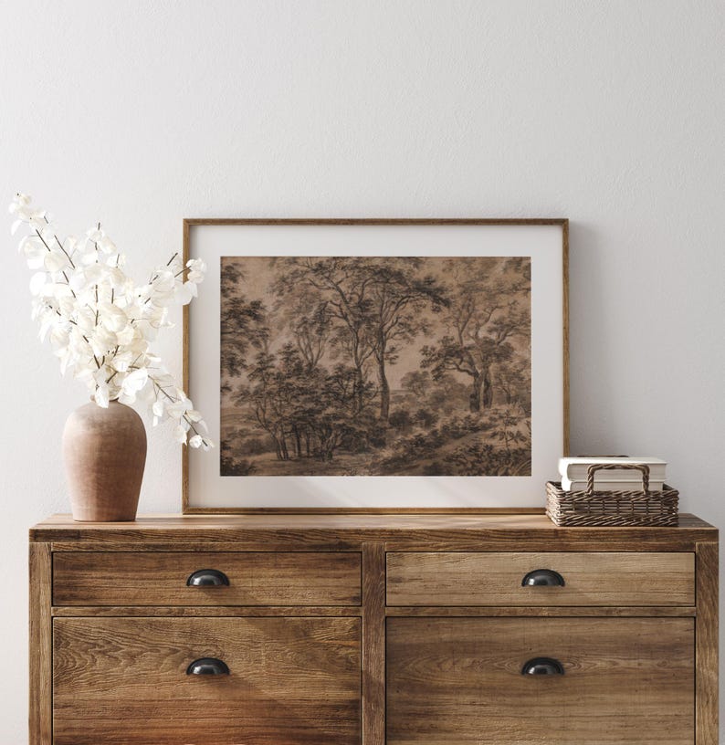 Vintage Moody Forest Landscape Vintage Printable Art Antique Moody Landscape Print Brown Landscape Charcoal Trees Dark Brown Wall Art Sketch image 3