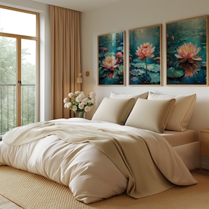 3er Set Seerosenblatt Teich Gemälde Drucke für die Wand Kunst | Vintage-Stil digitaler Download | Lebendiges Lilien-Wand-Dekor druckbares Wandbild