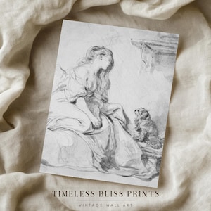 Antique Black White Woman Dog Drawing Digital Download | Vintage Neutral Grey Sketch Lady Dog Print Woman and Pet Dog Printable Wall Art