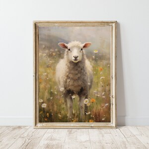 Lamb Flower Meadow Printable Painting | Sheep Flower Field Vintage ...