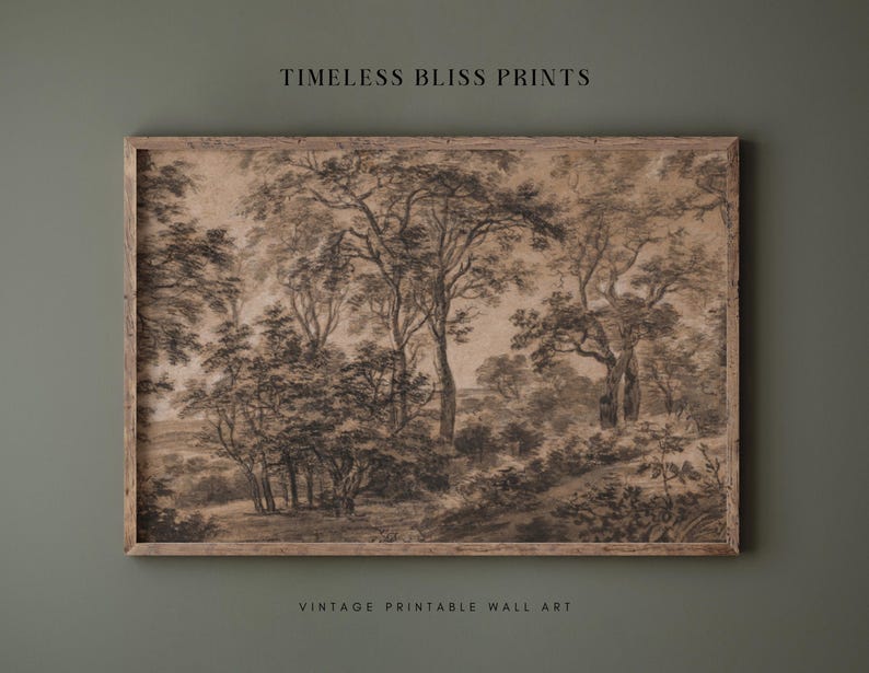 Vintage Moody Forest Landscape Vintage Printable Art Antique Moody Landscape Print Brown Landscape Charcoal Trees Dark Brown Wall Art Sketch image 2